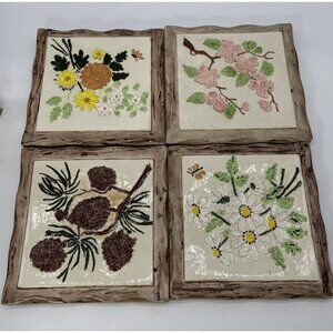 1982 Trivet Wall Art Tile Signed Botanical Wall Cast Plaster Paris READ